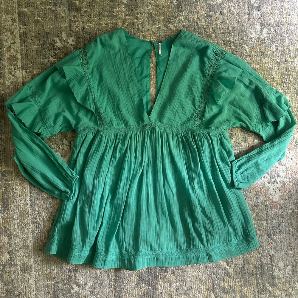 Free People Seashell Skort Romper Lace Long Sleeve V Neck Ruffle Boho Dress - Picture 2 of 9